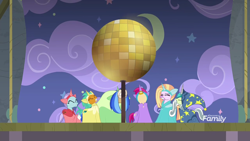 Size: 1920x1080 | Tagged: safe, imported from derpibooru, screencap, gallus, ocellus, sandbar, silverstream, smolder, yona, changedling, changeling, dragon, earth pony, griffon, hippogriff, pony, yak, horse play, clothes, costume, disco ball, discovery family logo, fake beard, fake horn, female, male, star swirl the bearded costume, student six, teenager