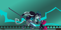 Size: 10000x4900 | Tagged: safe, artist:joemasterpencil, imported from derpibooru, storm king, tempest shadow, pony, my little pony: the movie, absurd resolution, betrayal, broken horn, female, lightning, looking at each other, mare, scene interpretation, staff, storm, vector, wallpaper