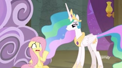 Size: 1237x694 | Tagged: safe, imported from derpibooru, screencap, fluttershy, princess celestia, horse play