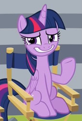 Size: 515x756 | Tagged: safe, imported from derpibooru, screencap, twilight sparkle, alicorn, pony, horse play, chair, cropped, director's chair, faic, female, forced smile, liar, mare, sitting, smiling, solo, twilight sparkle (alicorn), uncomfortable