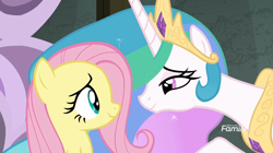 Size: 1238x695 | Tagged: safe, imported from derpibooru, screencap, fluttershy, princess celestia, alicorn, pegasus, pony, horse play, beautiful, comforting, crown, cute, cutelestia, duo, female, jewelry, leaning forward, lidded eyes, looking at each other, mare, momlestia fuel, multicolored mane, regalia, smiling
