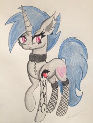 Size: 1024x1365 | Tagged: safe, artist:luxiwind, imported from derpibooru, oc, oc:inkheart, pony, unicorn, choker, female, fishnets, mare, solo, tattoo, traditional art