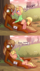 Size: 1840x3242 | Tagged: safe, artist:dsp2003, imported from derpibooru, oc, oc only, oc:jack of trades, oc:jai heart, earth pony, pony, unicorn, blushing, boop, clothes, colt, comic, commission, cute, cutie mark, daaaaaaaaaaaw, dialogue, hnnng, hoodie, jacket, looking at each other, male, ocbetes, size difference, tree