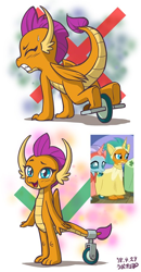 Size: 468x900 | Tagged: safe, artist:uotapo, imported from derpibooru, ocellus, smolder, changedling, changeling, dragon, horse play, blushing, clothes, costume, cute, dragoness, fangs, female, genius, pony costume, prosthetic butt, smiling, smolderbetes, wheel, wikihow