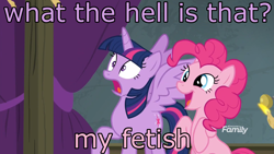 Size: 1366x768 | Tagged: safe, edit, edited screencap, imported from derpibooru, screencap, pinkie pie, twilight sparkle, alicorn, earth pony, pony, horse play, dialogue, female, image macro, mare, meme, open mouth, sitting, smiling, spread wings, that is my fetish, twilight sparkle (alicorn), varying degrees of want, wings