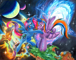 Size: 900x708 | Tagged: safe, artist:muffyn-man, imported from derpibooru, oc, oc only, pegasus, pony, duo, female, mare, planet, smiling, space