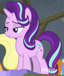 Size: 753x889 | Tagged: safe, imported from derpibooru, screencap, applejack, starlight glimmer, pony, unicorn, horse play, cropped, cute, discovery family logo, female, glimmerbetes, lidded eyes, mare, smiling, solo focus