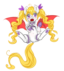 Size: 2083x2301 | Tagged: safe, artist:hanaty, imported from derpibooru, oc, oc only, oc:yui chisaki, bat pony, pony, vampire, vampony, bat pony oc, cute, fangs, female, lolita fashion, mare, on back, pigtails, simple background, solo, tsundere, twintails, white background