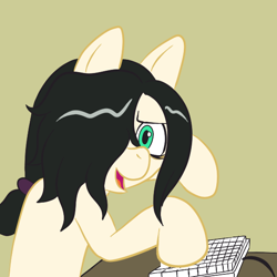 Size: 576x576 | Tagged: safe, artist:scraggleman, edit, imported from derpibooru, oc, oc only, oc:floor bored, earth pony, pony, /mlp/, 4chan, female, keyboard, looking at you, mare, ponytail, solo