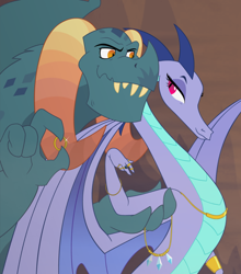 Size: 900x1021 | Tagged: safe, artist:queencold, imported from derpibooru, dragon lord torch, oc, oc:blaze, dragon, canon x oc, digital art, dragon oc, dragoness, duo, ember's mother, female, gold, husband and wife, jewelry, male, shipping, straight, torze