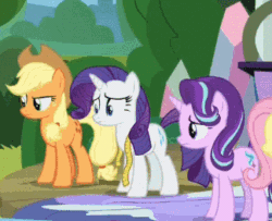 Size: 324x263 | Tagged: safe, imported from derpibooru, screencap, applejack, fluttershy, rainbow dash, rarity, starlight glimmer, earth pony, pegasus, pony, unicorn, horse play, adorable distress, animated, applejack's hat, cowboy hat, cropped, cute, female, floppy ears, flying, gritted teeth, hat, mare, nervous