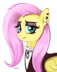 Size: 495x624 | Tagged: safe, artist:hardbrony, imported from derpibooru, fluttershy, pony, fake it 'til you make it, clothes, ear piercing, female, fluttergoth, lidded eyes, looking at you, piercing, simple background, solo, traditional art, white background