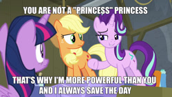 Size: 1920x1080 | Tagged: safe, edit, edited screencap, imported from derpibooru, screencap, applejack, starlight glimmer, twilight sparkle, alicorn, horse play, background pony strikes again, blatant lies, downvote bait, drama, image macro, meme, mouthpiece, op is a duck, op is trying to start shit, starlight drama, twilight sparkle (alicorn)