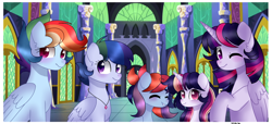 Size: 4000x1831 | Tagged: safe, artist:moon-rose-rosie, imported from derpibooru, rainbow dash, twilight sparkle, oc, alicorn, pegasus, pony, unicorn, family, female, lesbian, magical lesbian spawn, offspring, parent:rainbow dash, parent:twilight sparkle, parents:twidash, shipping, twidash, twilight sparkle (alicorn)