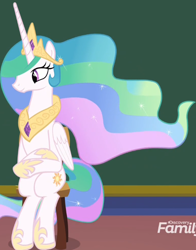 Size: 568x726 | Tagged: safe, imported from derpibooru, screencap, princess celestia, alicorn, pony, horse play, cropped, cute, cutelestia, discovery family logo, female, hoof shoes, jewelry, majestic as fuck, mare, peytral, ponies sitting like humans, regalia, sitlestia, sitting, smiling, solo