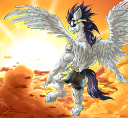 Size: 2000x1838 | Tagged: safe, artist:h-stallionwolf, imported from derpibooru, soarin', anthro, pegasus, unguligrade anthro, anime, back muscles, clothes, cloud, flying, goggles, male, muscles, shorts, sky, smiling, soaripped, solo, sports shorts, sunset, wings, wonderbolts