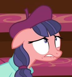 Size: 860x923 | Tagged: safe, imported from derpibooru, screencap, raspberry beret, earth pony, pony, horse play, beret, cropped, female, frantic, frustrated, hat, invisible stallion, lip bite, looking up, mare, nervous, solo