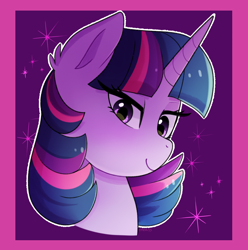 Size: 2478x2496 | Tagged: safe, artist:emera33, imported from derpibooru, twilight sparkle, pony, bust, female, horn, looking at you, smug, solo