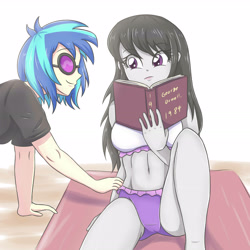 Size: 3248x3248 | Tagged: safe, artist:sumin6301, imported from derpibooru, dj pon-3, octavia melody, vinyl scratch, equestria girls, 1984, belly button, bikini, book, breasts, clothes, female, lesbian, midriff, panties, scratchtavia, shipping, shirt, simple background, smiling, sunglasses, swimsuit, underwear, white background