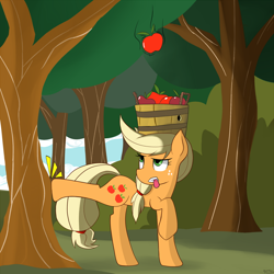 Size: 1280x1280 | Tagged: safe, artist:genericmlp, imported from derpibooru, applejack, earth pony, pony, apple, apple barrel, apple tree, applebucking, bucking, falling, female, food, head carry, mare, solo, tongue out, tree