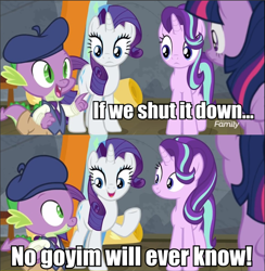 Size: 1409x1441 | Tagged: safe, edit, edited screencap, imported from derpibooru, screencap, rarity, spike, starlight glimmer, dragon, pony, unicorn, horse play, caption, clothes, comic, female, goyim, jew, male, mare, meme, screencap comic, shut it down