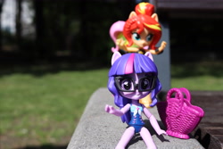 Size: 6000x4000 | Tagged: safe, artist:artofmagicpoland, imported from derpibooru, fluttershy, sci-twi, sunset shimmer, twilight sparkle, equestria girls, equestria girls series, bag, clothes, doll, equestria girls minis, female, glasses, irl, looking at you, photo, pun title, swimsuit, toy