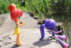 Size: 6000x4000 | Tagged: safe, artist:artofmagicpoland, imported from derpibooru, sci-twi, sunset shimmer, twilight sparkle, equestria girls, equestria girls series, clothes, doll, equestria girls minis, female, irl, photo, ponytail, swimsuit, this will not end well, toy