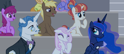 Size: 1849x813 | Tagged: safe, imported from derpibooru, screencap, berry punch, berryshine, coco crusoe, dark moon, fancypants, fleur-de-lis, graphite, junebug, princess luna, rainbow stars, rainbowshine, alicorn, earth pony, pony, unicorn, horse play, cropped, female, laughing, male, mare, skunk stripe, stallion