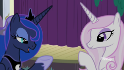 Size: 1920x1080 | Tagged: safe, imported from derpibooru, screencap, fleur-de-lis, princess luna, alicorn, unicorn, horse play, conversation, discovery family logo, female, mare, skunk stripe, stage, talking