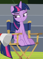 Size: 716x963 | Tagged: safe, imported from derpibooru, screencap, twilight sparkle, alicorn, pony, horse play, chair, cropped, director's chair, female, mare, megaphone, raised eyebrow, smug, solo, twilight sparkle (alicorn)