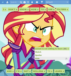 Size: 799x864 | Tagged: safe, edit, edited screencap, imported from derpibooru, screencap, sunset shimmer, derpibooru, equestria girls, friendship games, exploitable meme, filters, image macro, meme, meta, sunset is not willing to learn, tags