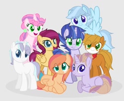 Size: 902x732 | Tagged: safe, artist:scribbie24, imported from derpibooru, oc, oc only, oc:appleblossom, oc:candy pie, oc:chocolate apple, oc:garnet sky, oc:loose strand, oc:moonlight sparkle, oc:moonstone, earth pony, pegasus, pony, base used, female, gray background, group, magical lesbian spawn, mare, next generation, offspring, parent:applejack, parent:big macintosh, parent:double diamond, parent:flash sentry, parent:fluttershy, parent:pinkie pie, parent:rainbow dash, parent:rarity, parent:soarin', parent:starlight glimmer, parent:sugar belle, parent:sunset shimmer, parent:trixie, parent:trouble shoes, parent:troubleshoes clyde, parent:twilight sparkle, parent:zephyr breeze, parents:diamond duo, parents:flashimmer, parents:fluttermac, parents:glimmerbreeze, parents:soarlight, parents:sugarpie, parents:trixdash, parents:troublejack, simple background, snow storm