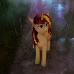 Size: 1440x1440 | Tagged: safe, artist:quvr, imported from derpibooru, sunset shimmer, pony, unicorn, female, rain, solo