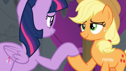 Size: 1920x1080 | Tagged: safe, imported from derpibooru, screencap, applejack, twilight sparkle, alicorn, earth pony, pony, horse play, discovery family logo, duo, eye contact, female, holding hooves, lidded eyes, looking at each other, mare, out of context, shipping fuel, smiling, twilight sparkle (alicorn)