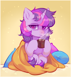 Size: 1560x1700 | Tagged: dead source, safe, artist:lispp, imported from derpibooru, twilight sparkle, pony, unicorn, blanket, coffee, cup, female, looking at you, mare, pillow, solo, steam, unicorn twilight