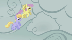 Size: 1280x720 | Tagged: safe, imported from derpibooru, screencap, cloud kicker, parasol, pegasus, pony, look before you sleep, background pony, cloud, cloudy, duo, female, mare