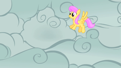 Size: 1280x720 | Tagged: safe, imported from derpibooru, screencap, sunny rays, pegasus, pony, look before you sleep, background pony, cloud, cloudy, female, flying, mare, smiling, solo