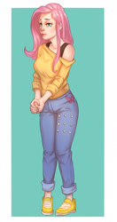 Size: 1376x2600 | Tagged: safe, artist:monnian, imported from derpibooru, fluttershy, human, clothes, female, human female, humanized, jeans, pants, solo