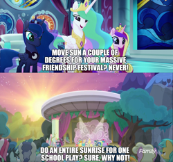 Size: 1640x1531 | Tagged: safe, edit, edited screencap, imported from derpibooru, screencap, blues, cayenne, gallus, millie, neon lights, noteworthy, ocellus, princess cadance, princess celestia, princess luna, rising star, sandbar, silverstream, smolder, star bright, starlight glimmer, sunshower raindrops, twilight sparkle, twinkleshine, yona, alicorn, changedling, changeling, dragon, earth pony, griffon, hippogriff, pony, yak, horse play, my little pony: the movie, caption, clothes, costume, discovery family logo, fake beard, fake horn, female, fridge logic, hypocrisy, image macro, logic, magic, male, meme, skewed priorities, star swirl the bearded costume, student six, sunrise, teenager, twilight sparkle (alicorn)