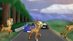 Size: 1600x900 | Tagged: safe, artist:deerdraw, imported from derpibooru, oc, oc only, oc:deeraw, deer, deer pony, original species, antlers, bush, car, fiat barchetta, field, forest, looking at you, male, mercedes c200, prancing, road, solo, tree