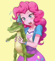 Size: 800x889 | Tagged: safe, artist:tzc, imported from derpibooru, gummy, pinkie pie, alligator, equestria girls, blushing, clothes, cute, female, happy, hat, male, open mouth, party hat, pet, realistic, simple background, skirt, yellow background