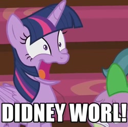 Size: 766x764 | Tagged: safe, edit, edited screencap, imported from derpibooru, screencap, spike, twilight sparkle, alicorn, horse play, caption, cropped, didney worl, disney, disney world, faic, image macro, meme, twilight sparkle (alicorn), walt disney world