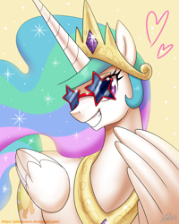 Size: 900x1125 | Tagged: safe, artist:johnjoseco, imported from derpibooru, princess celestia, alicorn, pony, horse play, crown, cute, cutelestia, female, heart, jewelry, mare, regalia, signature, simple background, solo, sparkles, stars, sunglasses, yellow background