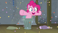 Size: 1920x1080 | Tagged: safe, imported from derpibooru, screencap, pinkie pie, earth pony, pony, horse play, confetti, female, happy, mare, pinkie being pinkie, trash can