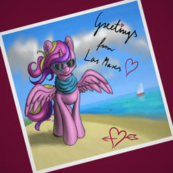 Size: 4934x4934 | Tagged: safe, artist:cluvry, imported from derpibooru, princess cadance, alicorn, pony, absurd resolution, beach, female, mare, photo, smiling, solo, sunglasses, water