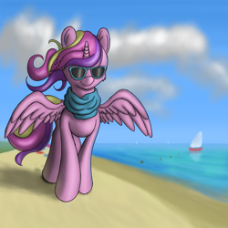 Size: 6000x6000 | Tagged: safe, artist:cluvry, imported from derpibooru, princess cadance, alicorn, pony, absurd resolution, beach, female, mare, smiling, solo, sunglasses, water