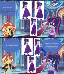 Size: 1090x1243 | Tagged: safe, artist:cloudy glow, artist:cloudyglow, artist:sketchmcreations, editor:php77, imported from derpibooru, sci-twi, sunset shimmer, twilight sparkle, equestria girls, equestria girls series, bowtie, camp everfree outfits, clothes, comic, geode of telekinesis, glasses, magical geodes, ponytail, skirt