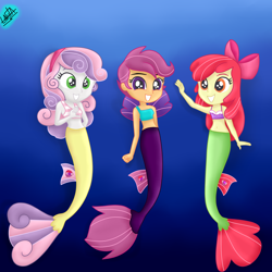 Size: 1800x1800 | Tagged: safe, artist:liniitadash23, imported from derpibooru, apple bloom, scootaloo, sweetie belle, mermaid, seapony (g4), equestria girls, surf and/or turf, bow, clothes, cute, cutie mark crusaders, equestria girls interpretation, fin wings, fins, hairband, mermaidized, ocean, scene interpretation, sea-mcs, seaponified, seapony apple bloom, seapony scootaloo, seapony sweetie belle, show accurate, signature, species swap, the cmc's cutie marks, underwater, wings