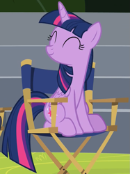 Size: 719x963 | Tagged: safe, imported from derpibooru, screencap, twilight sparkle, alicorn, pony, horse play, chair, cropped, cute, director's chair, eyes closed, female, happy, mare, sitting, solo, twiabetes, twilight sparkle (alicorn)