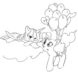 Size: 603x568 | Tagged: safe, artist:meronabar, deleted from derpibooru, imported from derpibooru, pinkie pie, twilight sparkle, alicorn, earth pony, pony, balloon, black and white, cheering up, cloud, crying, floating, grayscale, monochrome, sad, simple background, sketch, then watch her balloons lift her up to the sky, twilight sparkle (alicorn), white background